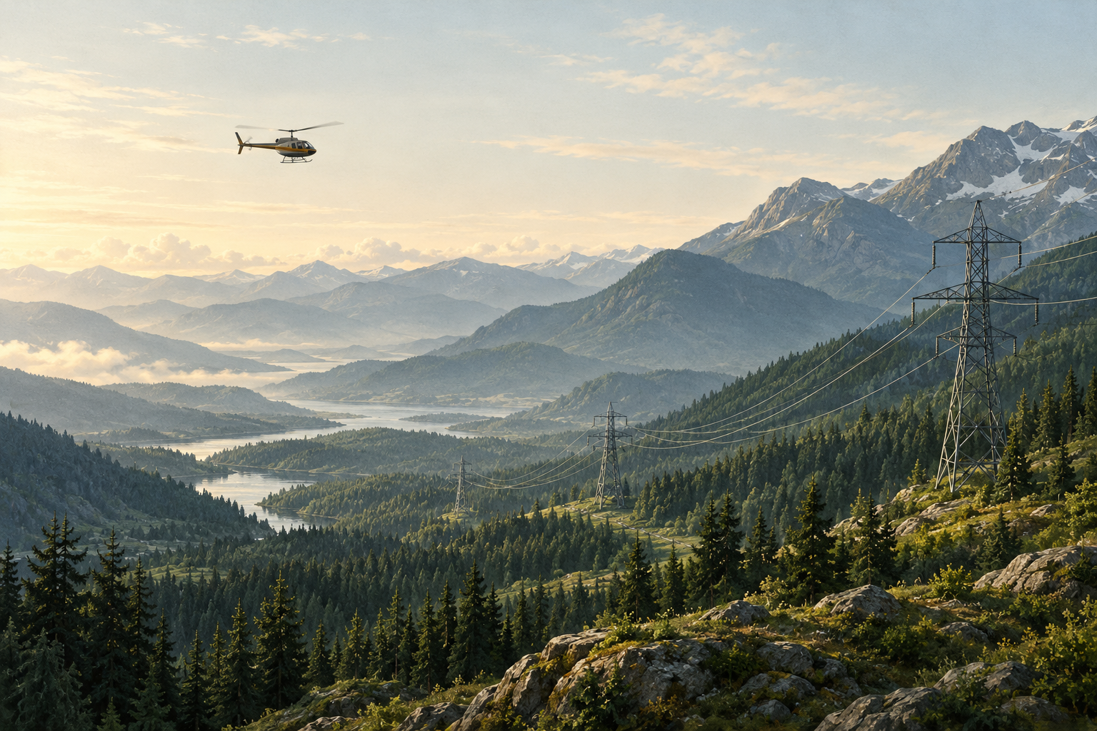 Illustration of a transmission corridor through mountainous terrain, with a helicopter in the open sky.